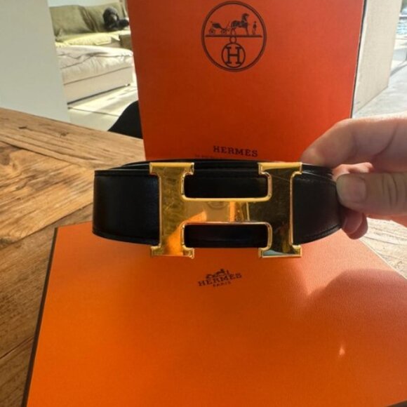 Hermes H Gold and Tan Calfskin Leather Belt. - Picture 4 of 6